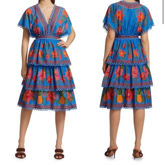 Farm Rio Women’s Blue Tropical Midi Layered Tiered Tapestry Dress Medium NWT - Picture 2 of 16